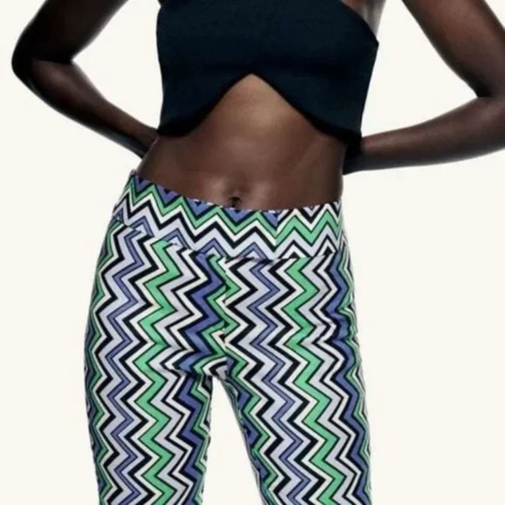 ZARA Linen Blend Cropped Pants ZigZag‎ Print Size Large Retro